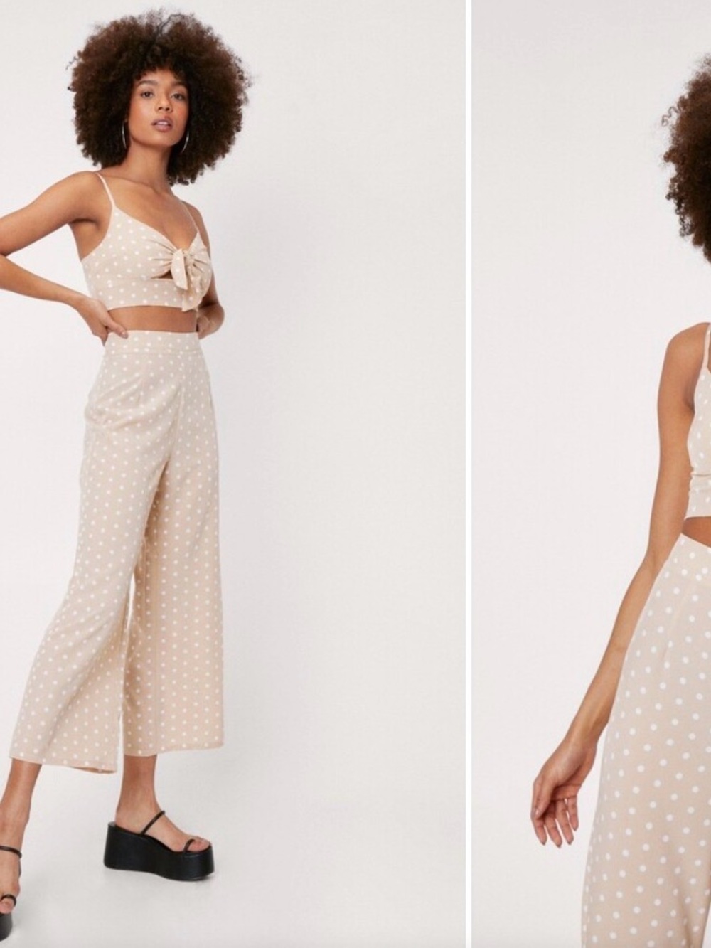 Nasty Gal Polka Dot 2 Piece Set Sand Crop Top & Wide Leg Pants | Size 2 - Picture 9 of 9